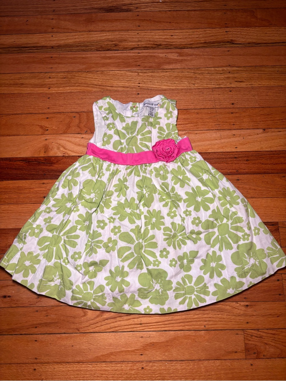 Vintage Maggie & Zoe White Dress with Green Floral Print and Pink Sash